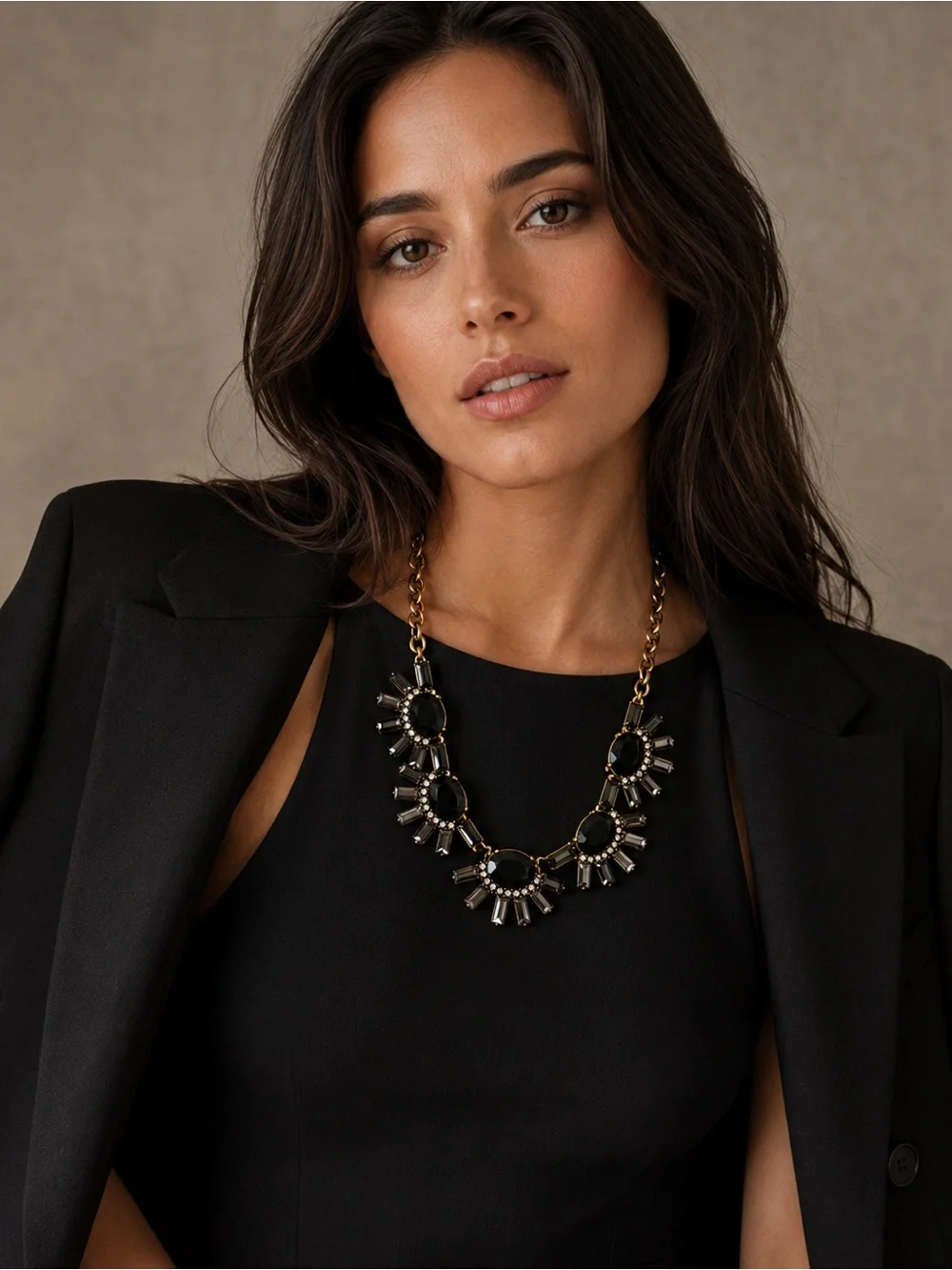 JCrew Statement Necklace Black & Bronzed Gold with Rhinestones